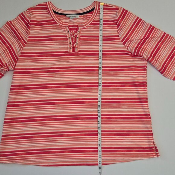 NWT Emily Daniels 3/4 Sleeve Lace-Up Neck Top, 2XL, Peach/Red/Pink/White Stripes - Picture 6 of 11
